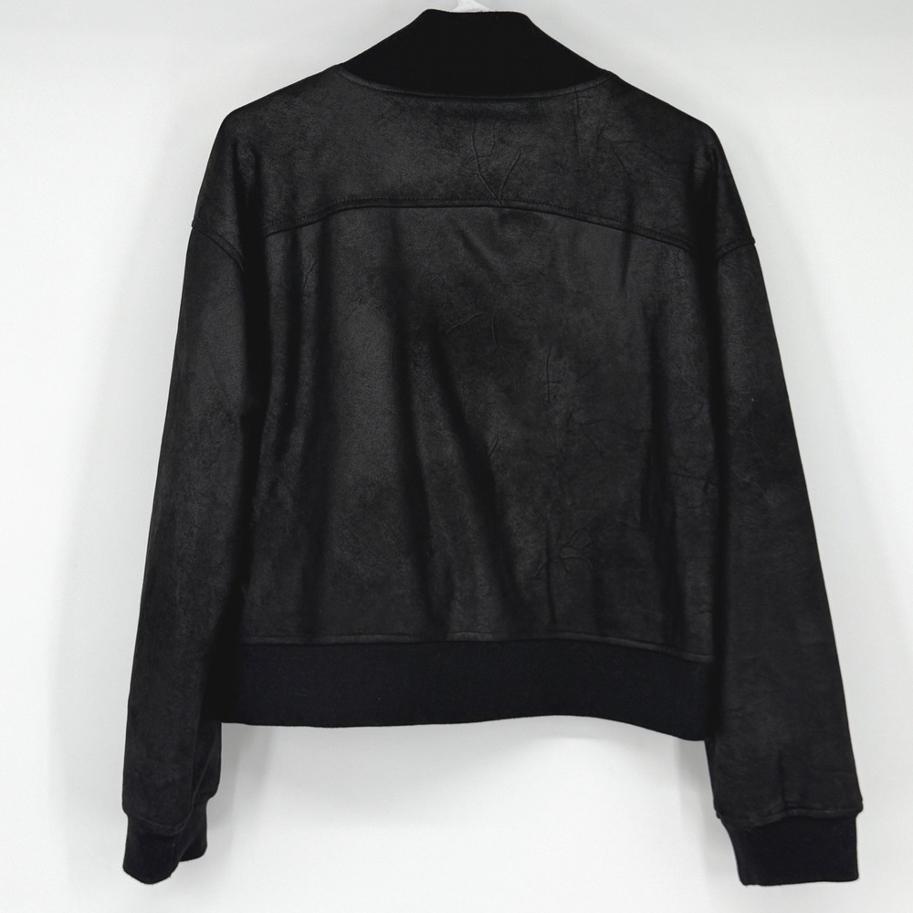 Evereve Aviator Black Faux Leather Cropped Bomber Jacket M Snap Front Rib Trim - Picture 3 of 5